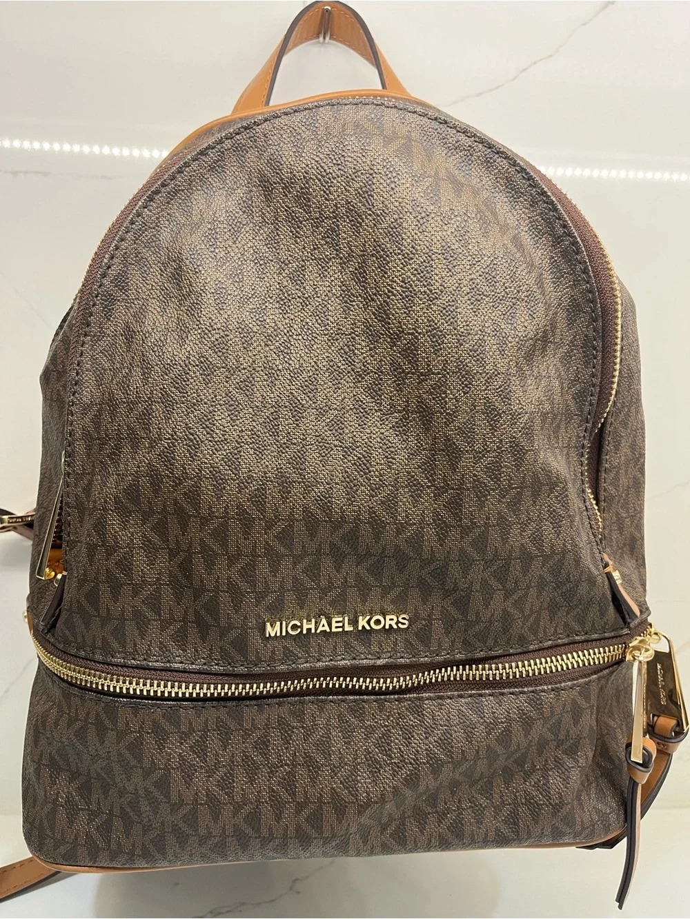Michael Kors Brown MK Signature Logo Backpack Tan Gold Hardware